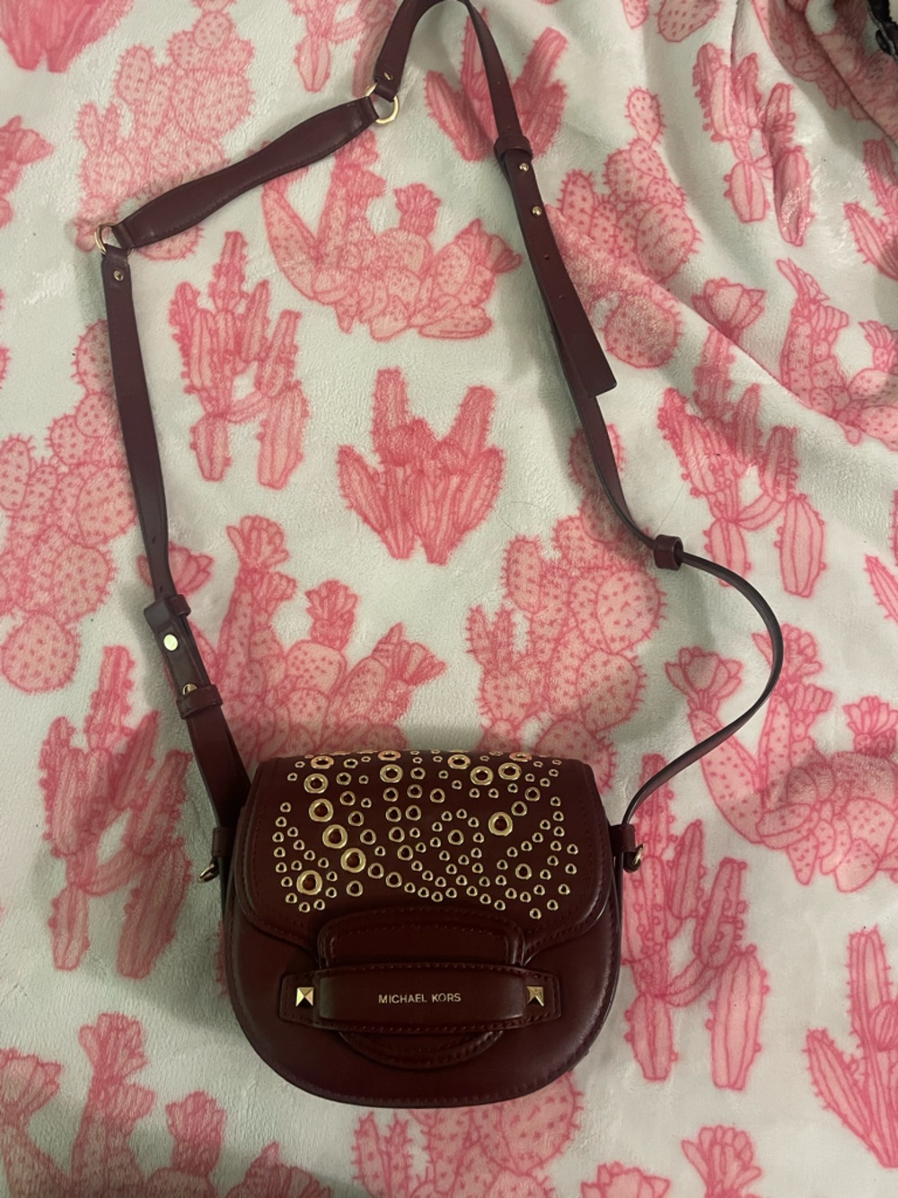 Michael Kors Burgundy Crossbody with Gold Stud Accents